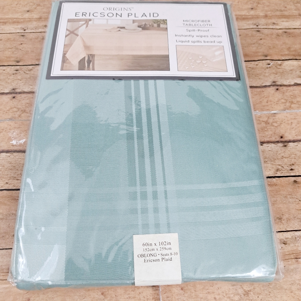 Origins Ericson Mocrofiber Plaid Green Oblong Tablecloth 60" × 102" Seats 8 -10